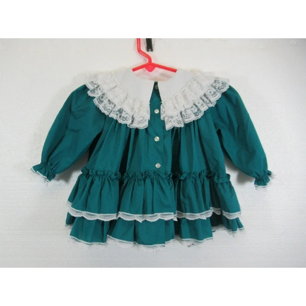 Vintage Bryan Frilly Ruffle Dress Baby Girl Green Long Sleeve